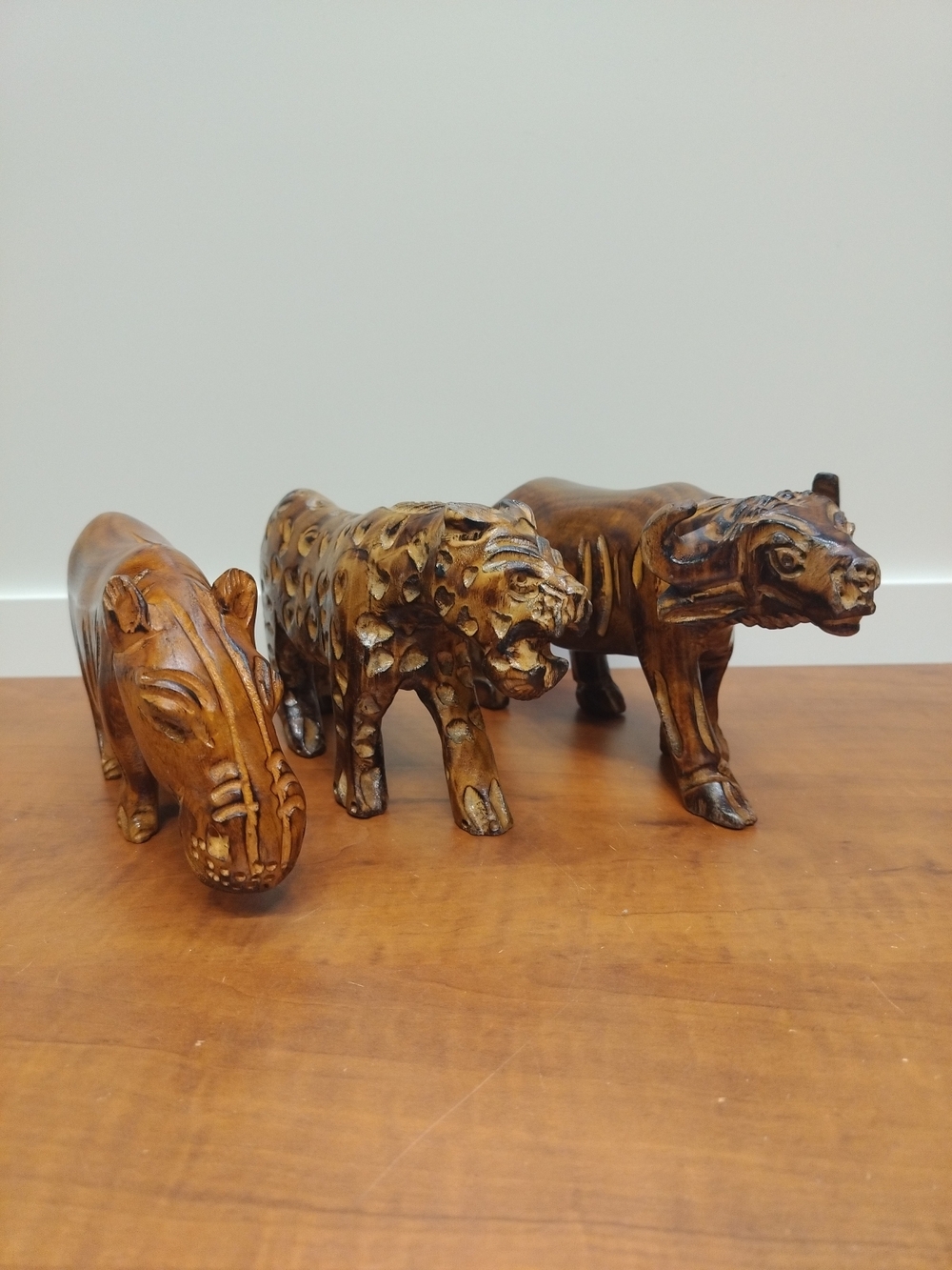 Hand Carved In Wood African Animals Set Of 3. Leopard, Water Buffalo & Hippo